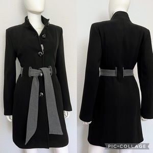 NWT‎ WOMEN SINGLE-BREASTED COAT QUILTED LINING BELTED STAND-UP COLLAR BLACK/GRAY